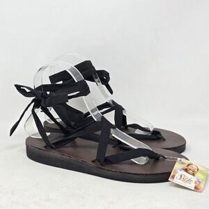 Sseko Designs Ribbon Sandals Black Brown Gladiator Tie Up Womens 7 NWT